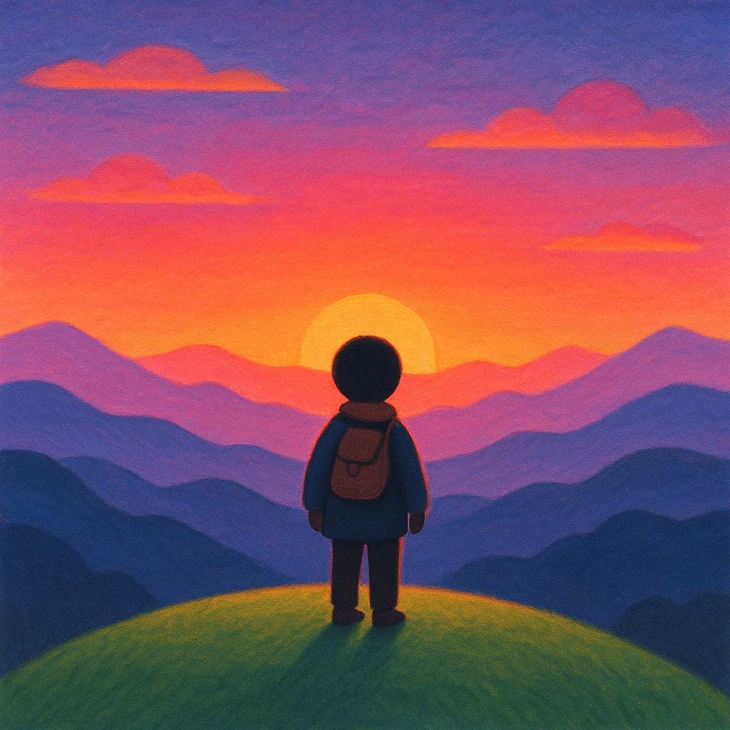A solitary figure standing on a green hill, silhouetted against a magnificent, vibrant sunset over rolling mountains, illustrating the experience of a beautiful event.