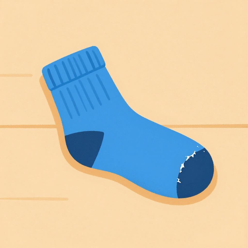 A single blue knitted sock with a large visible hole at the heel.