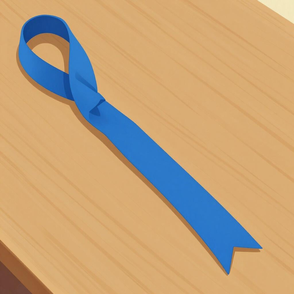 A long, straight piece of blue ribbon stretched out across a table to show its length.