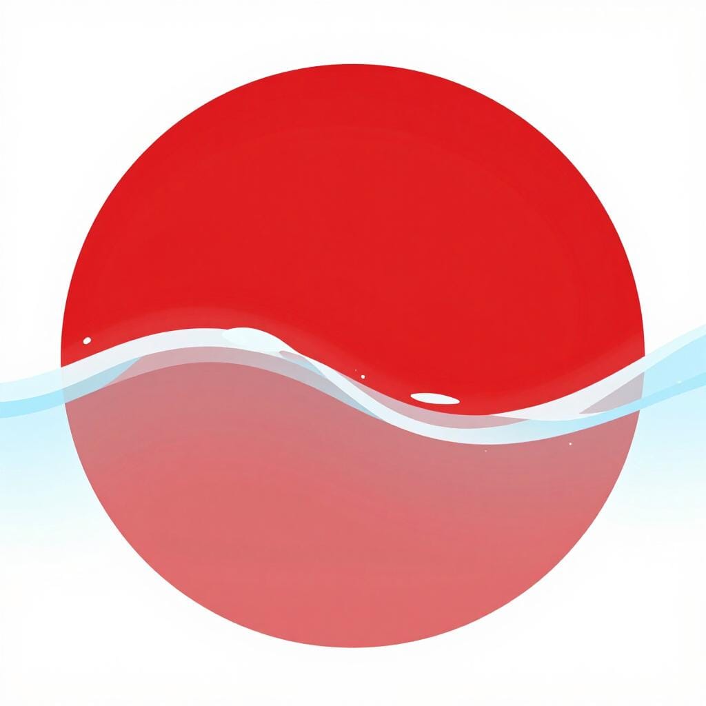 Un grand cercle rouge vif lavé par une vague d'eau claire, rendant la couleur rouge pâle et faible.