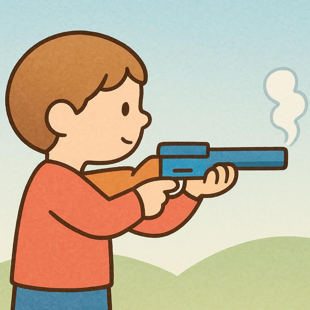 A stylized figure aiming a simple, long rifle. A small puff of smoke is visible near the barrel, indicating the weapon has just been fired.