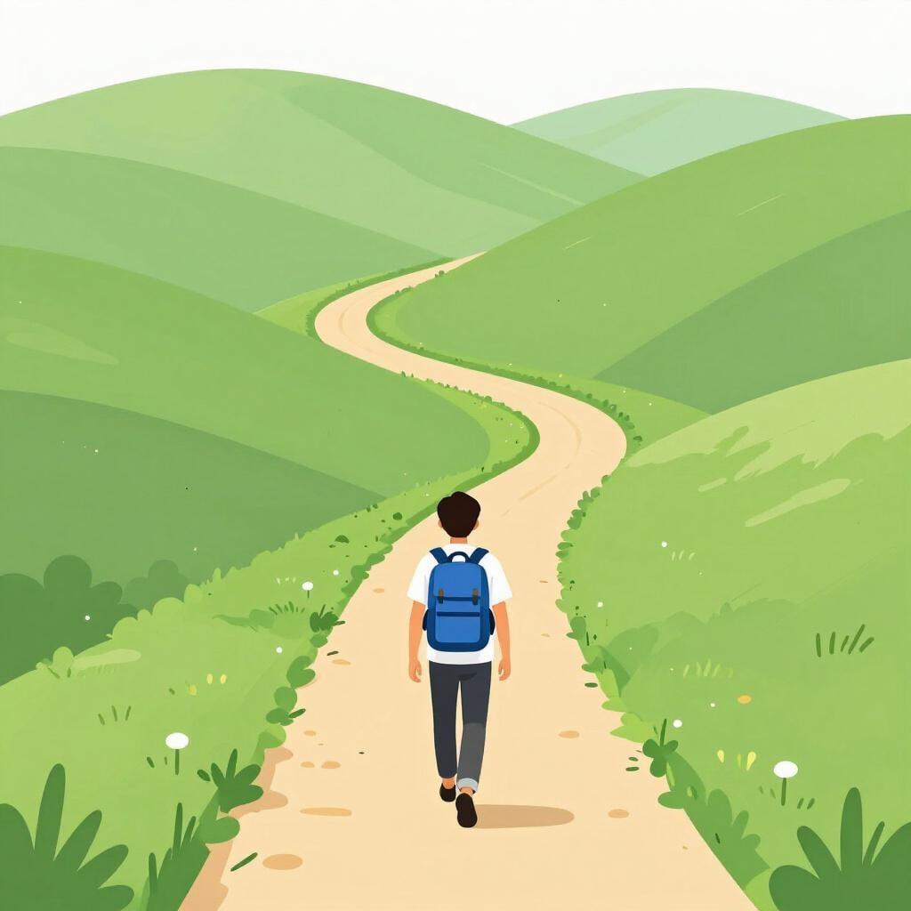 A person with a backpack walking along a winding path through green hills.