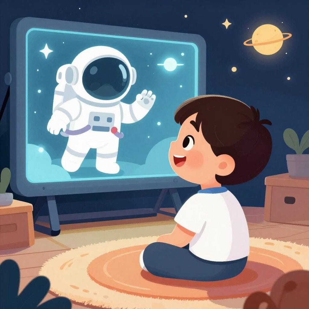 テレビ画面に映る宇宙飛行士を、畏敬と興奮の表情で見つめる子供。