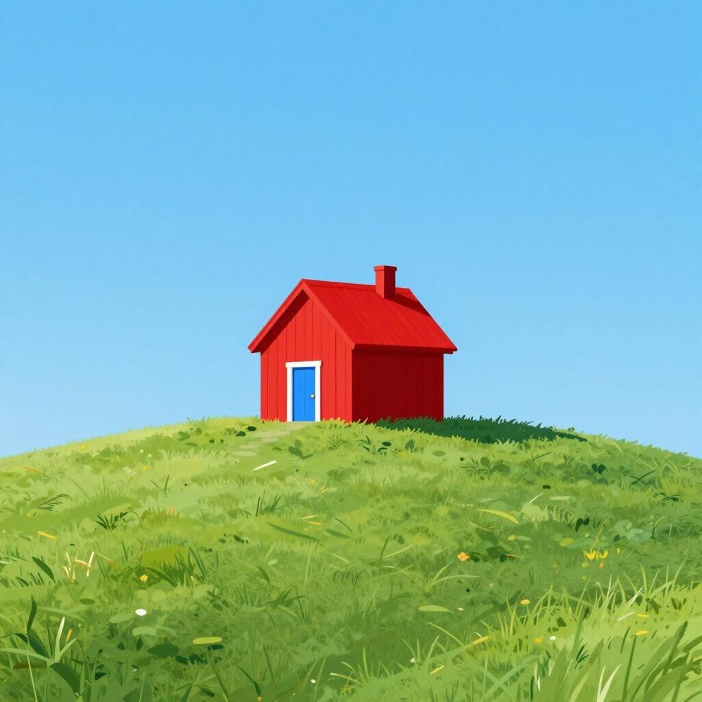 A small red house standing on top of a green grassy hill.