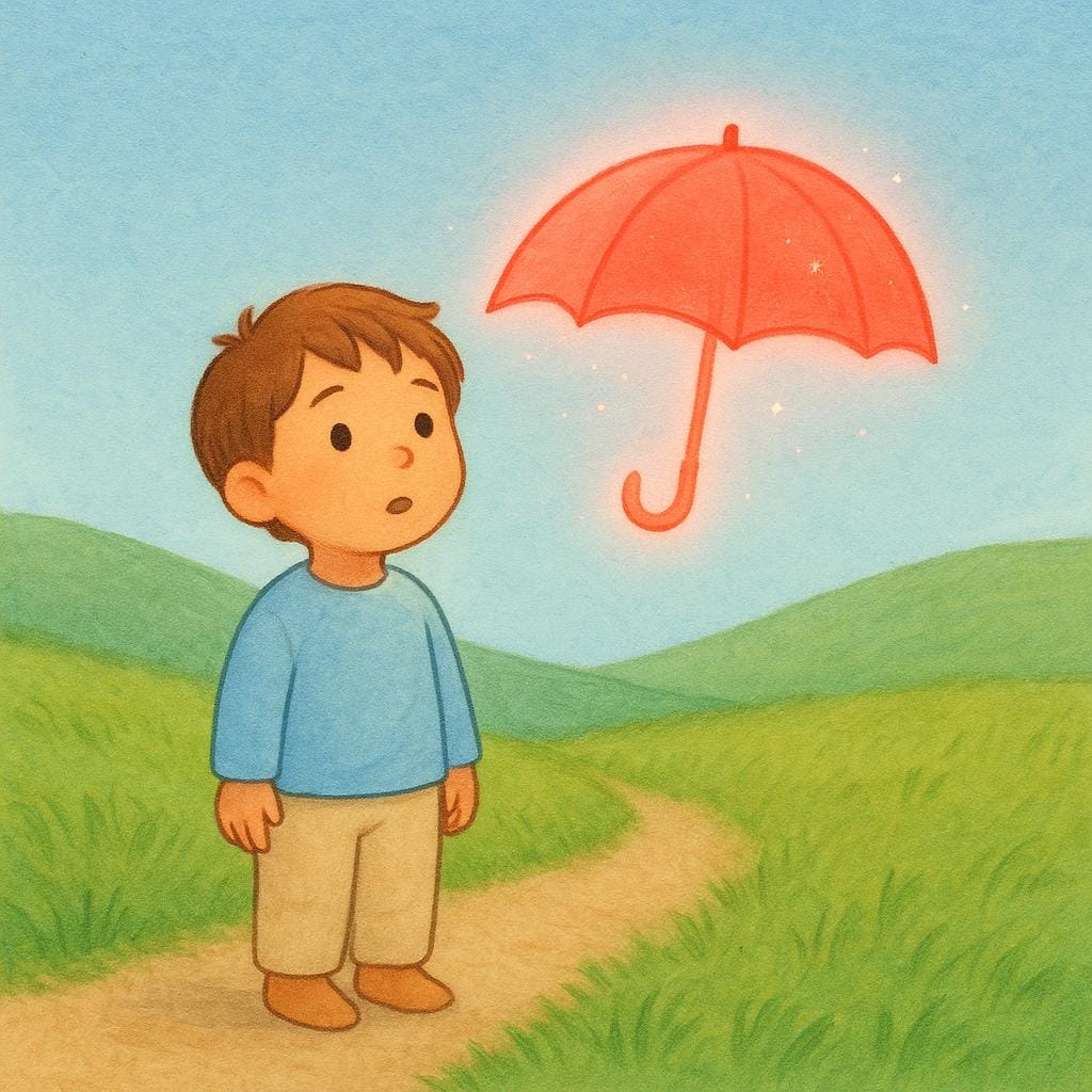 A high quality storybook illustration showing a young child standing on a grassy path. Floating in the air just in front of the child's face is a small, translucent, glowing image of a bright red umbrella, symbolizing a sudden premonition.