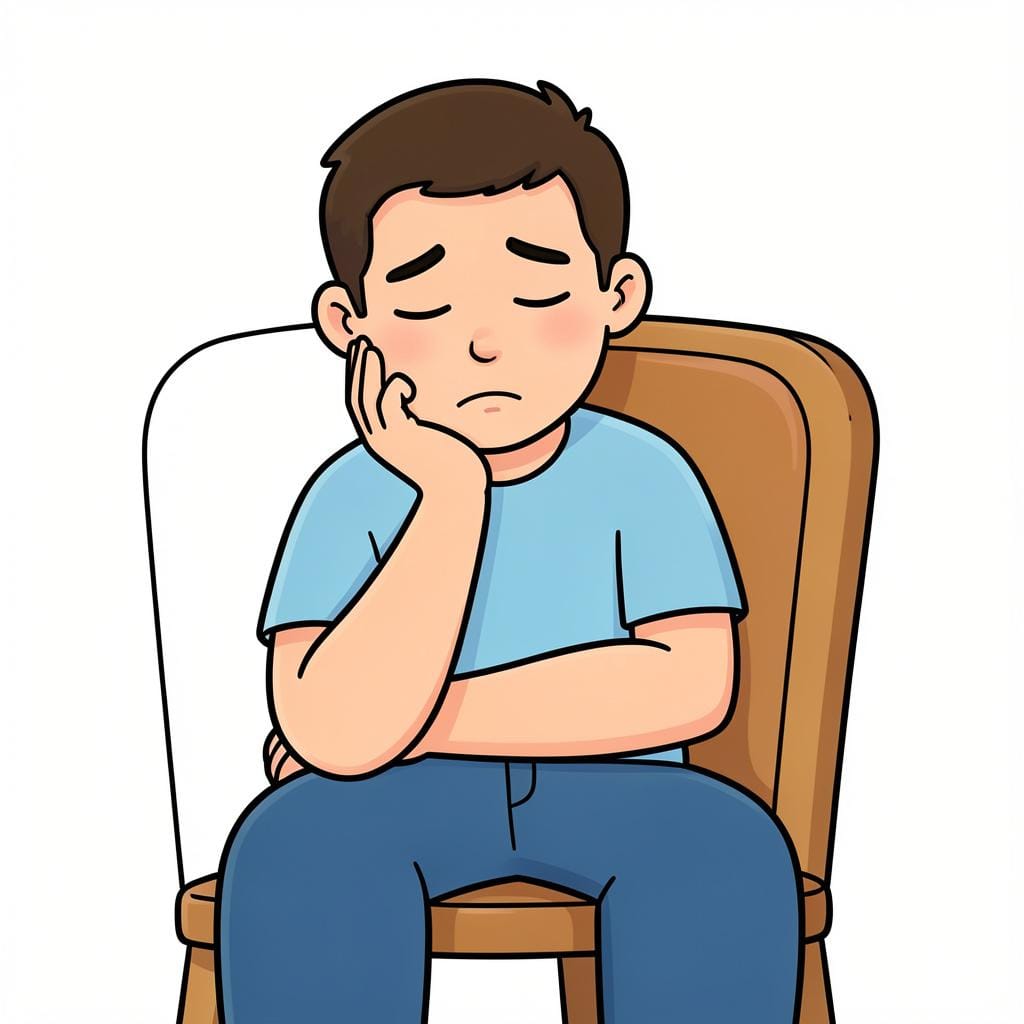 A man sitting on a chair looking very sleepy and bored.