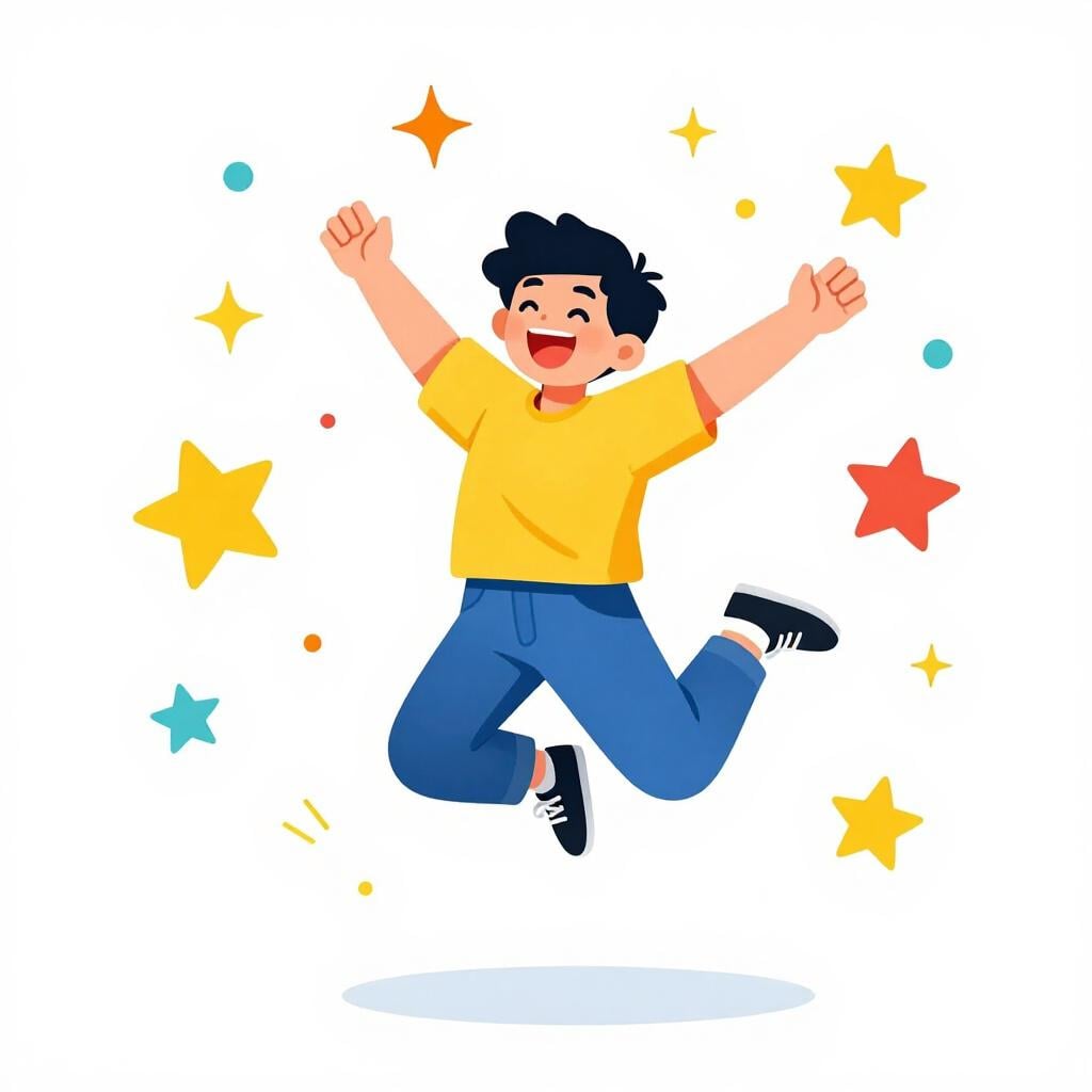A joyful person jumping in the air with excitement and a big smile.
