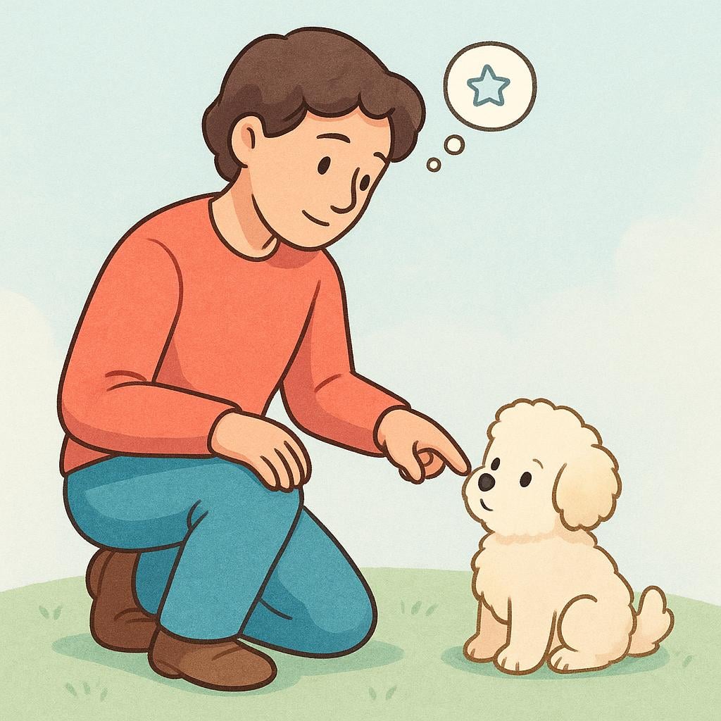 A colorful storybook illustration of an adult kneeling down and pointing gently at a small, fluffy new puppy, signifying the act of choosing or assigning a name.