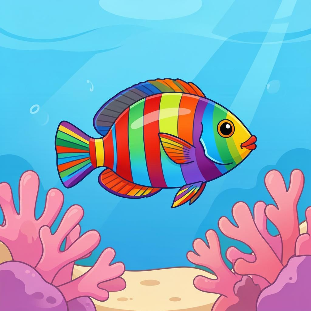A colorful fish with bright stripes swimming near a coral reef.