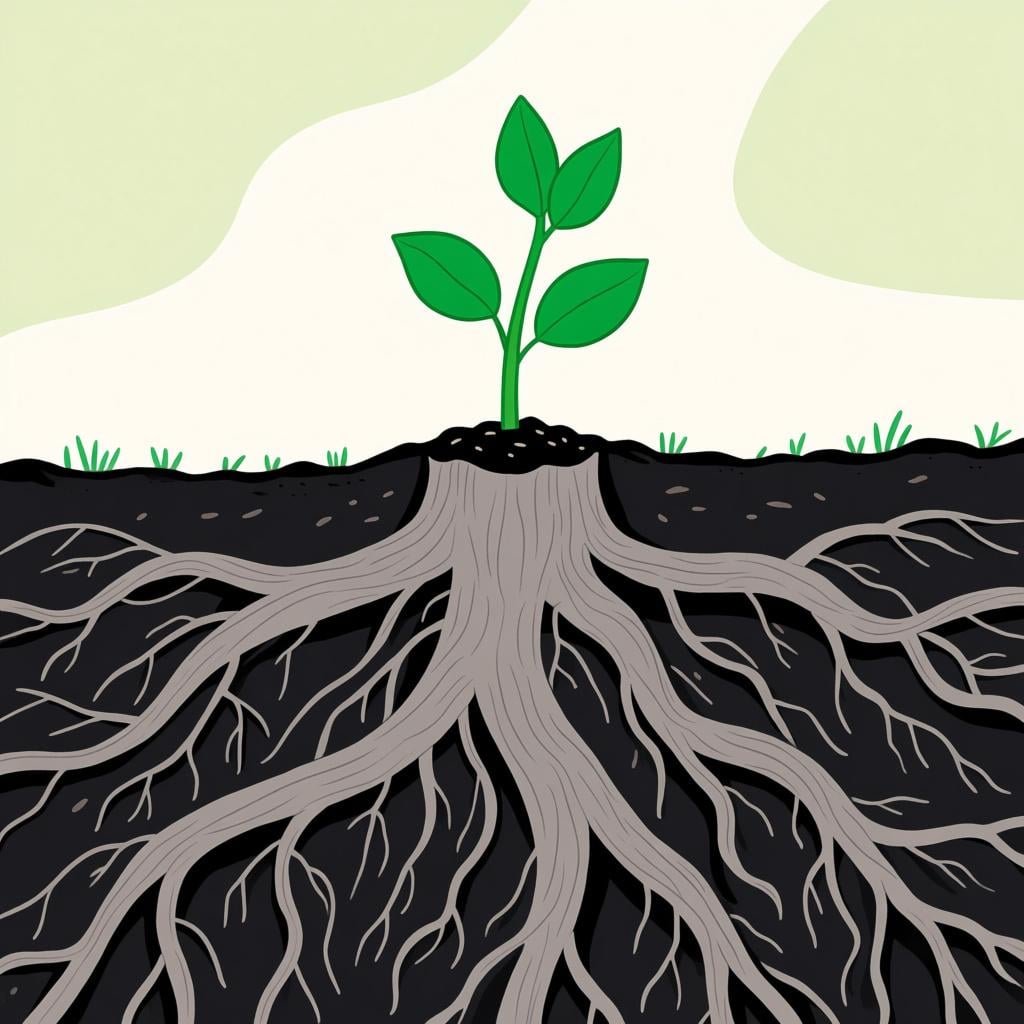 A small, bright green sapling is planted in the earth. Visible beneath the soil, massive, complex, and deep roots extend widely, showing the large, necessary requirement or investment needed to sustain the small plant.