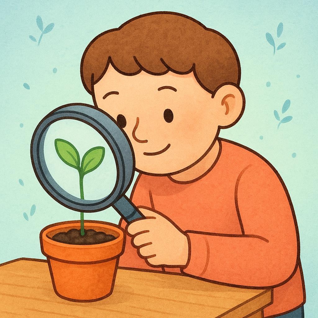 A person using a magnifying glass to look closely at a small plant in a pot.