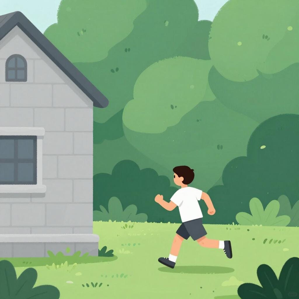 Een persoon die wegrent uit een stenen boog naar een heldergroen veld.