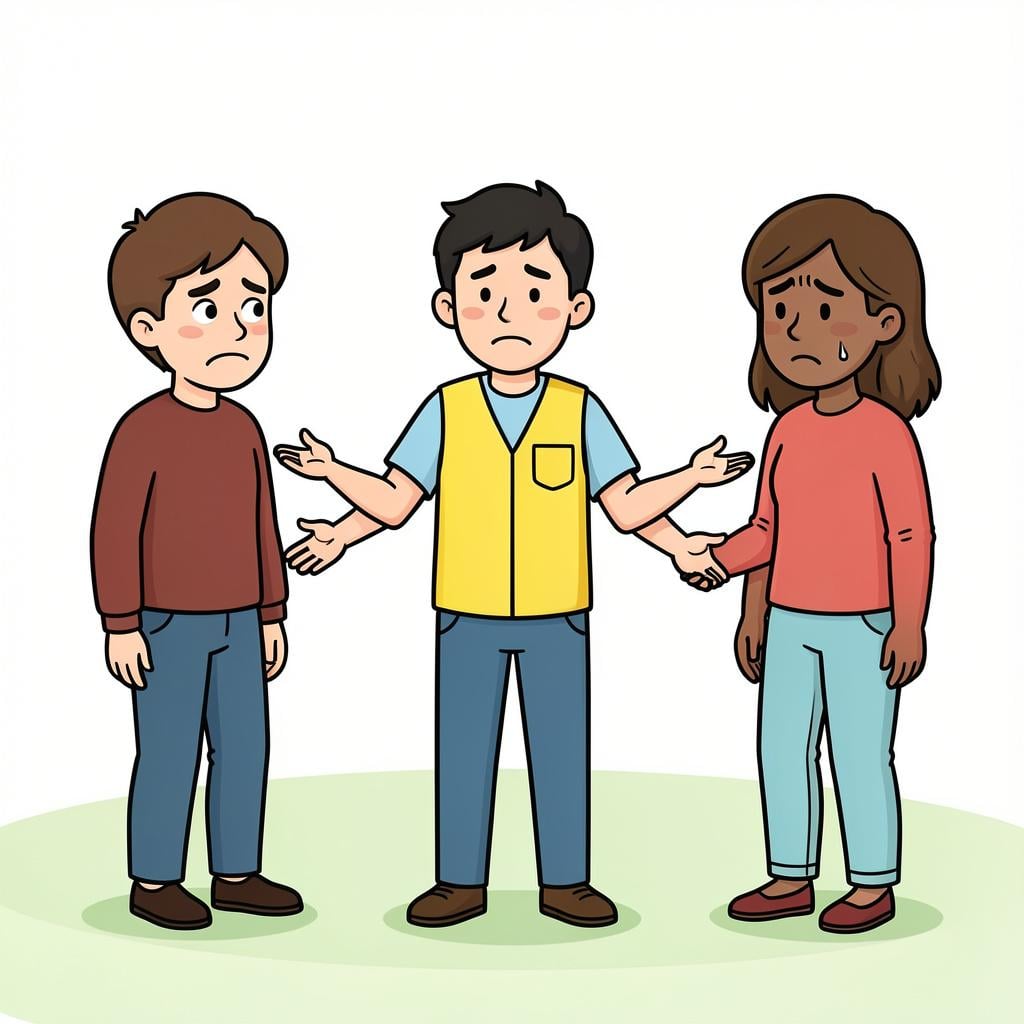 A person in a bright vest stepping between two arguing people to help them reconcile.