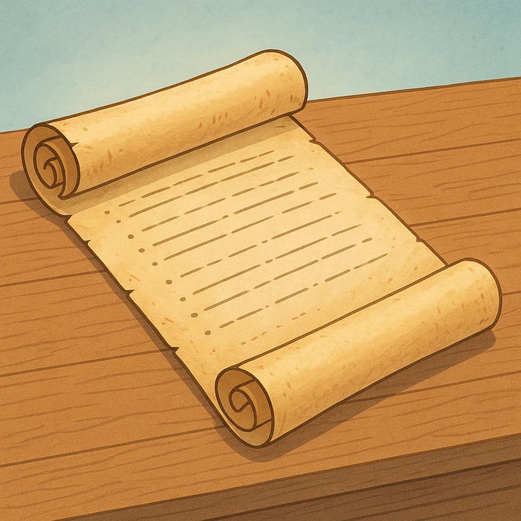 シンプルな木製の机の上に広げられた、公式で古風な羊皮紙の巻物。詳細な書き込みを表す線が描かれており、公式の説明や報告書を象徴している様子。