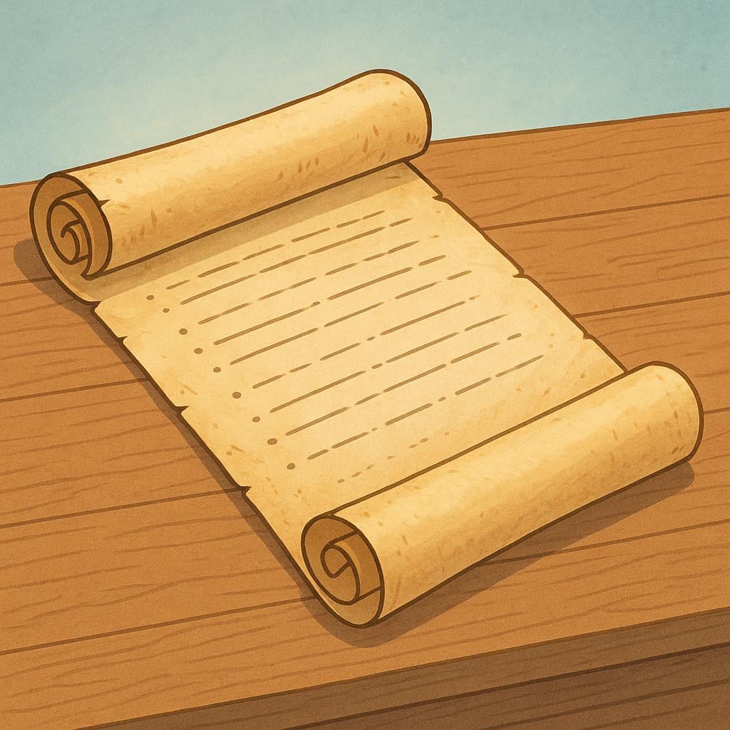 A formal, aged parchment scroll is unrolled on a simple wooden desk, showing lines that represent detailed written content, symbolizing an official account or report.