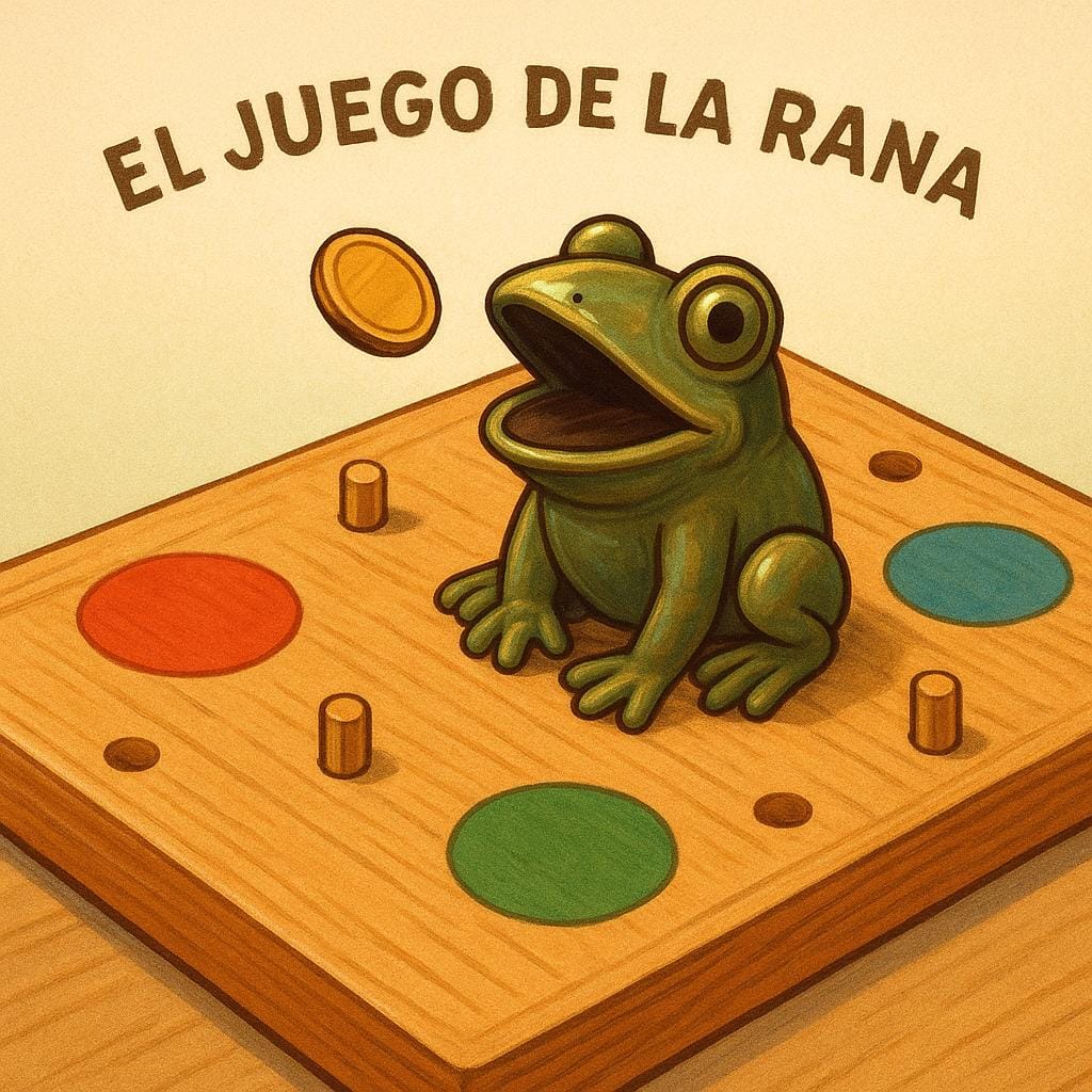 A traditional wooden coin-toss game apparatus, featuring a metallic frog figure with an open mouth on top, ready to catch a coin.