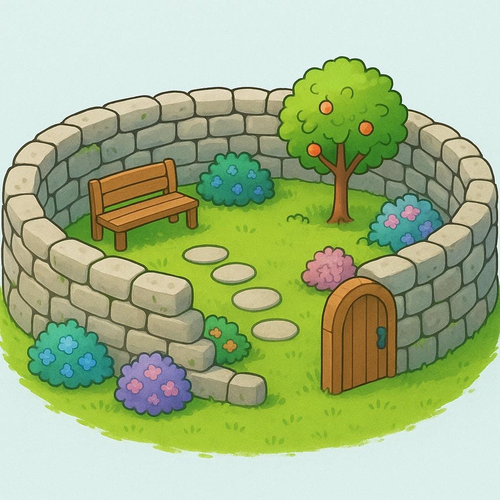 Um muro de pedra robusto e alto, estilizado, cerca completamente um jardim verdejante e pacífico, simbolizando a salvaguarda de interesses ou direitos.