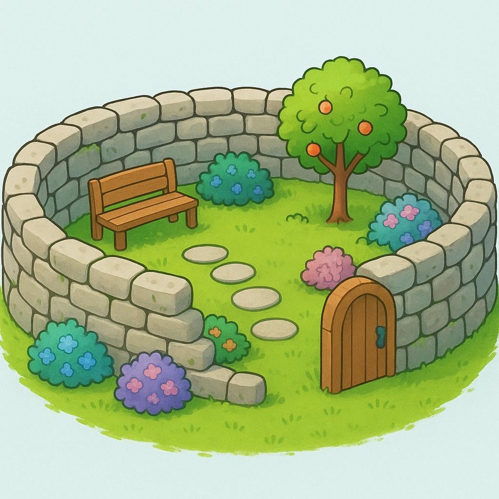 A sturdy, tall, stylized stone wall completely encloses a peaceful, lush green garden, symbolizing the safeguarding of interests or rights.