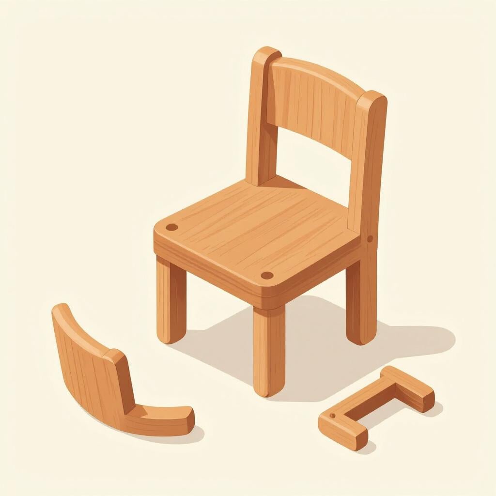 Una sedia giocattolo di legno che è stata separata nelle sue singole gambe, seduta e schienale.