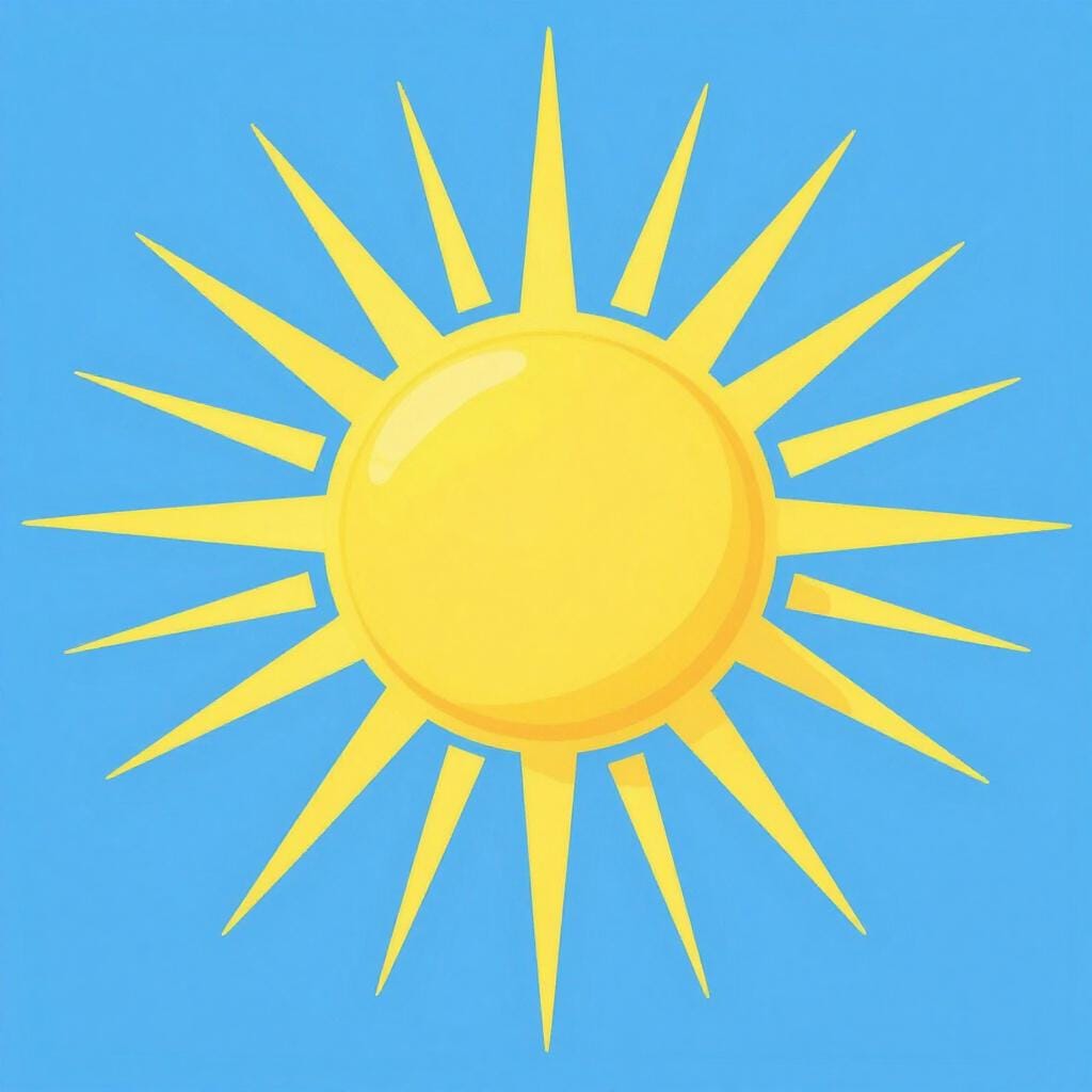 A bright yellow sun with long rays emitting light against a clear blue sky.