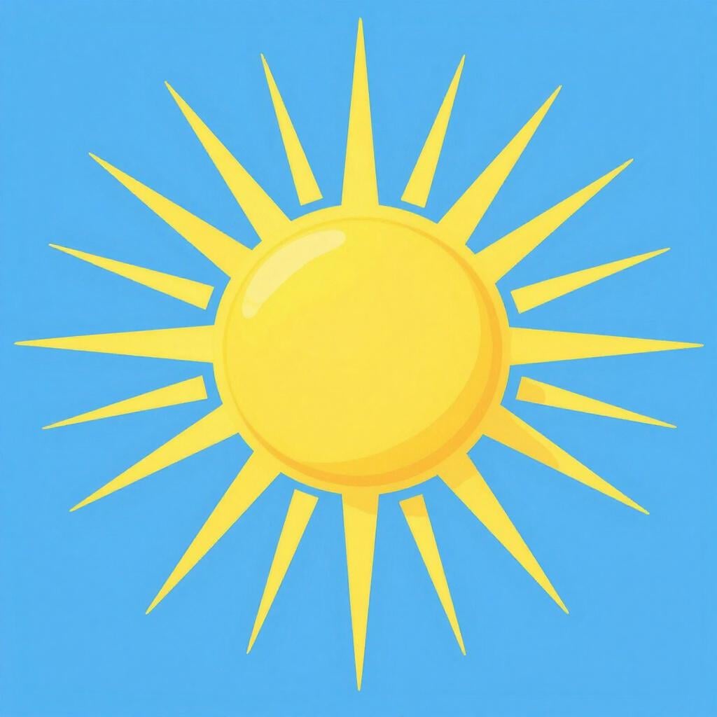 A bright yellow sun with long rays emitting light against a clear blue sky.