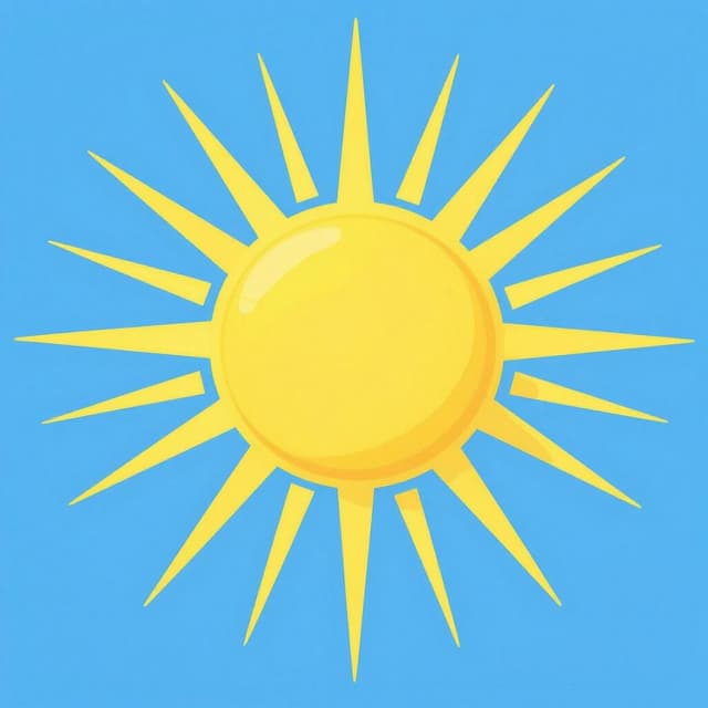 Un soleil jaune vif avec de longs rayons émettant de la lumière sur un ciel bleu clair.