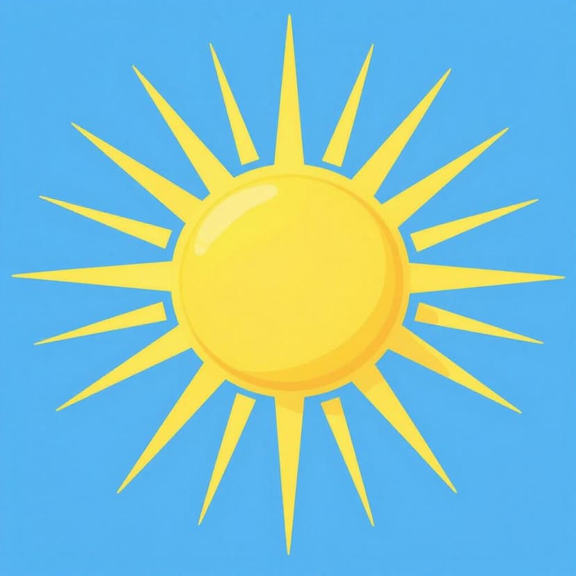 明るい黄色の太陽が、澄んだ青空を背景に長い光線を放っている様子。