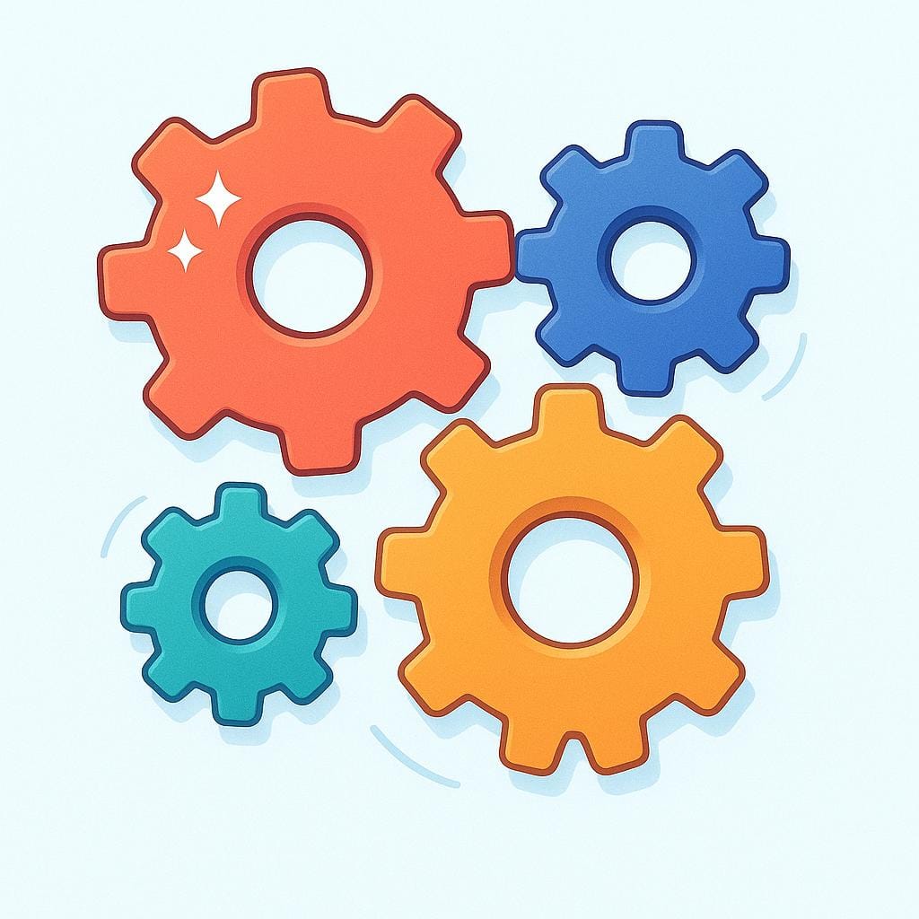 A set of bright, simple gears meshing perfectly and turning smoothly, representing a machine that operated successfully.