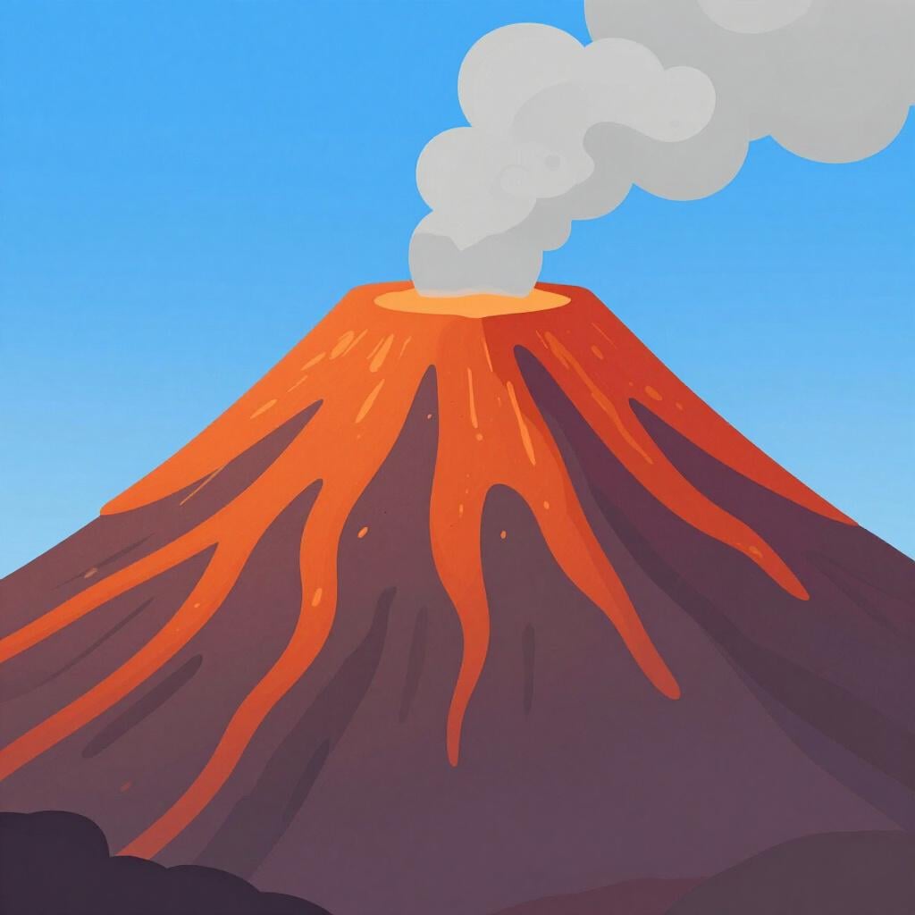 Een grote vulkaan met helderrode lava die langs de zijkanten stroomt en een rookpluim die van de top opstijgt.