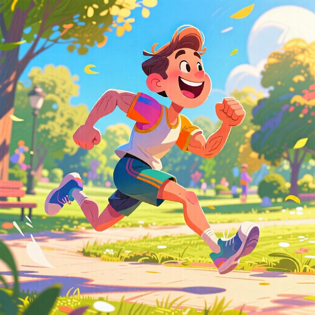 An energetic figure running briskly, looking strong and healthy.