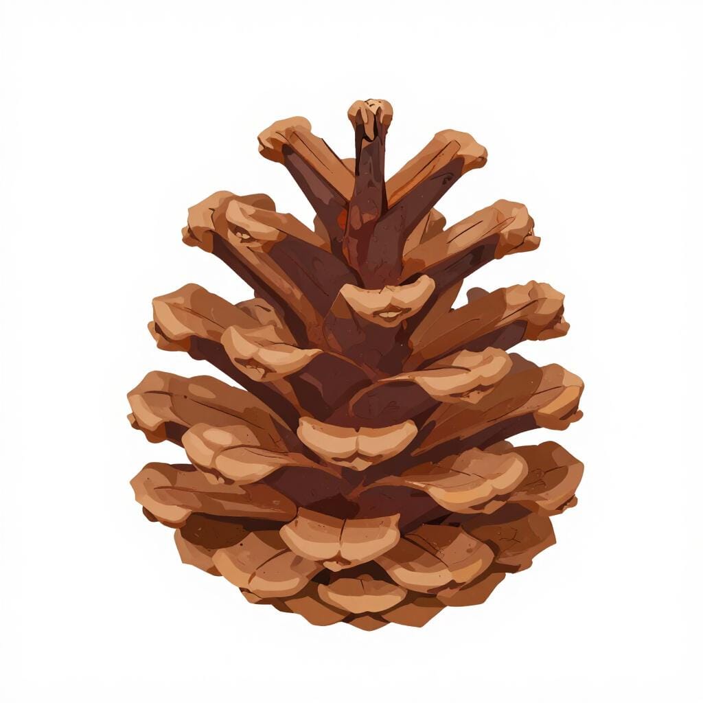 A brown pinecone sitting on a bed of pine needles.