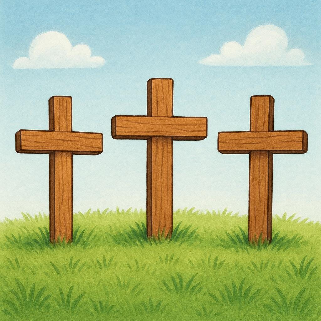 Três marcadores de sepultura simples de madeira em pé em fila em um pequeno monte gramado sob um céu azul suave.