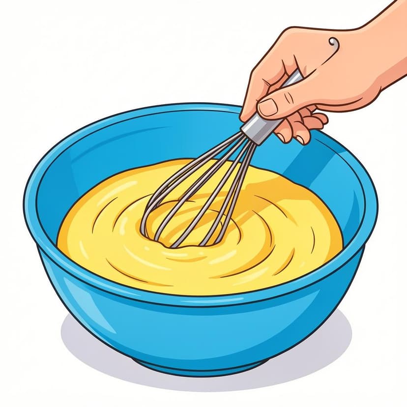 A hand holding a whisk and mixing yellow batter in a blue bowl.