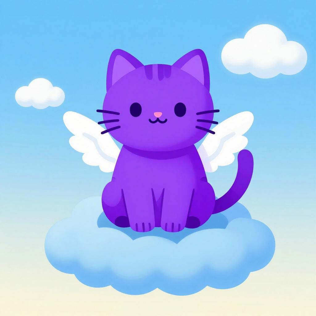 Un chat violet avec de petites ailes assis sur un nuage bleu vif.