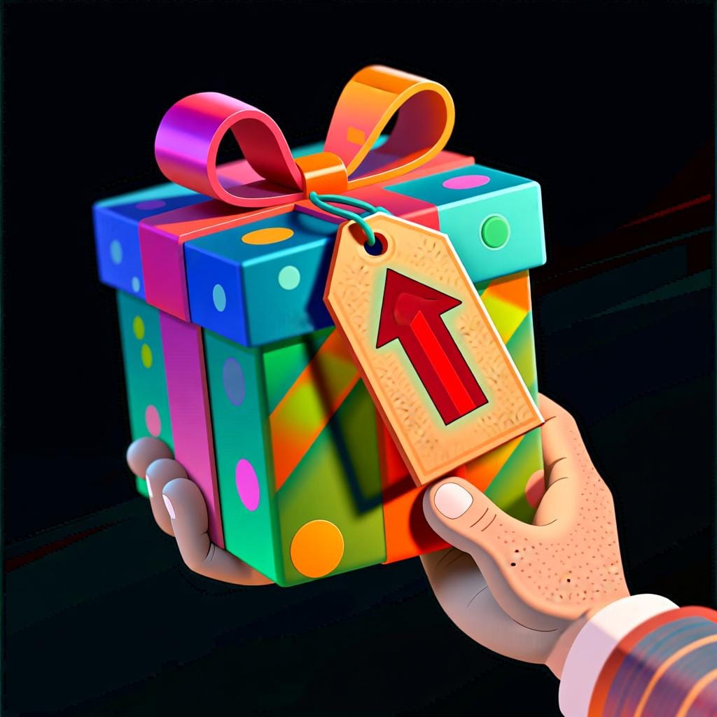 A gift box with a tag that has an arrow pointing towards the person looking at the image.