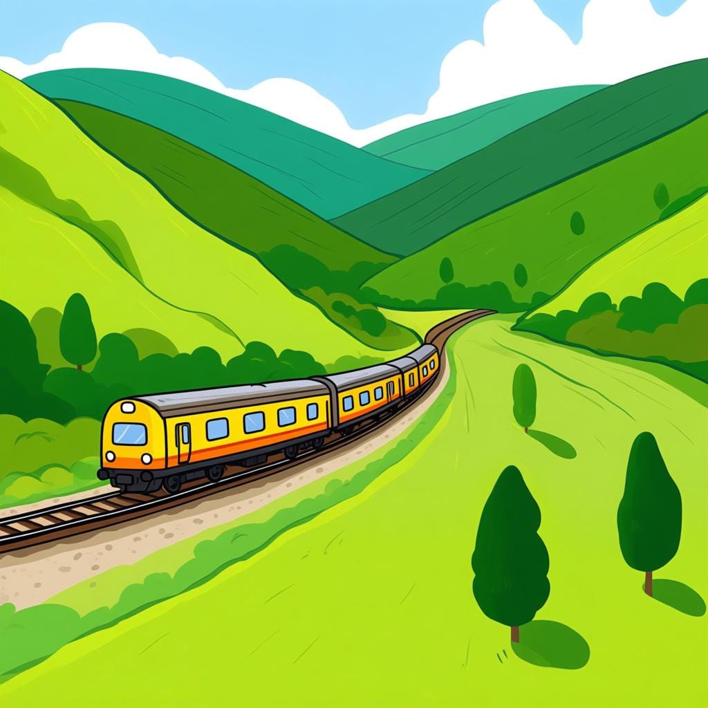 Un piccolo treno giallo allegro che sfreccia su un binario attraverso una vibrante valle verde, che rappresenta l'atto di viaggiare.