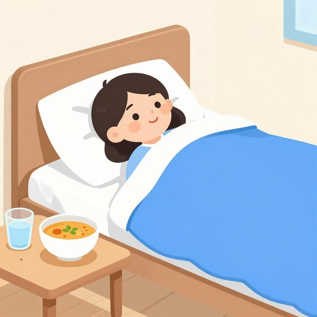 A person resting in bed with a bowl of soup and a thermometer on a nightstand.