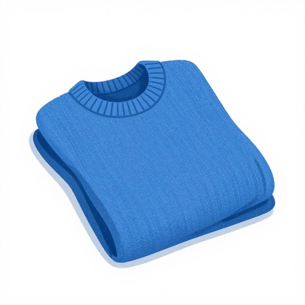 A single blue sweater neatly folded on a plain surface.