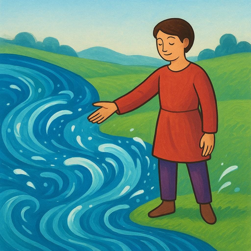 Una figura calma in piedi su terreno solido, usando una mano tesa per dirigere delicatamente il flusso di un fiume d'acqua turbolento e vorticoso.