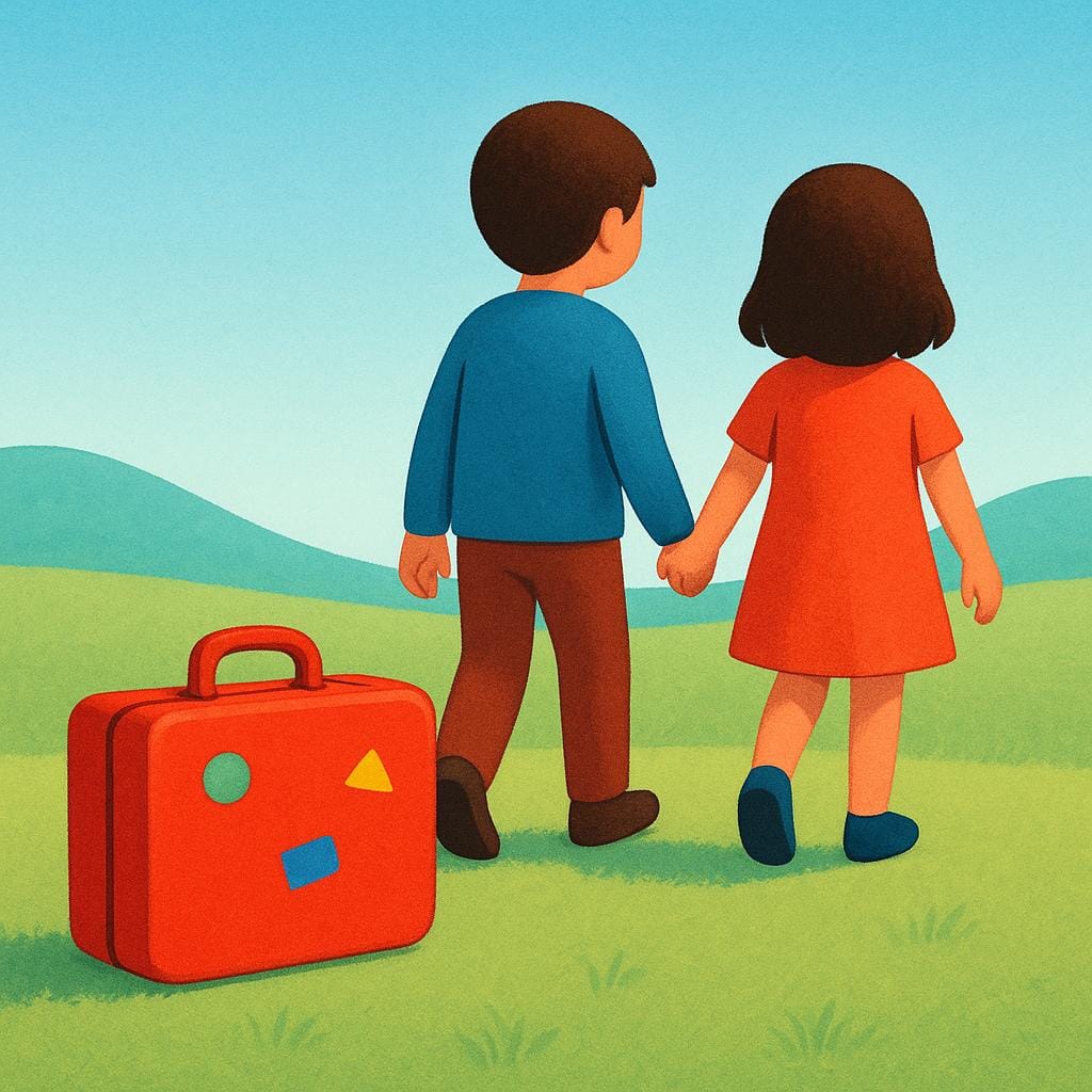 Twee figuren lopen weg en laten een kleurrijk rood koffer achter op de grond.