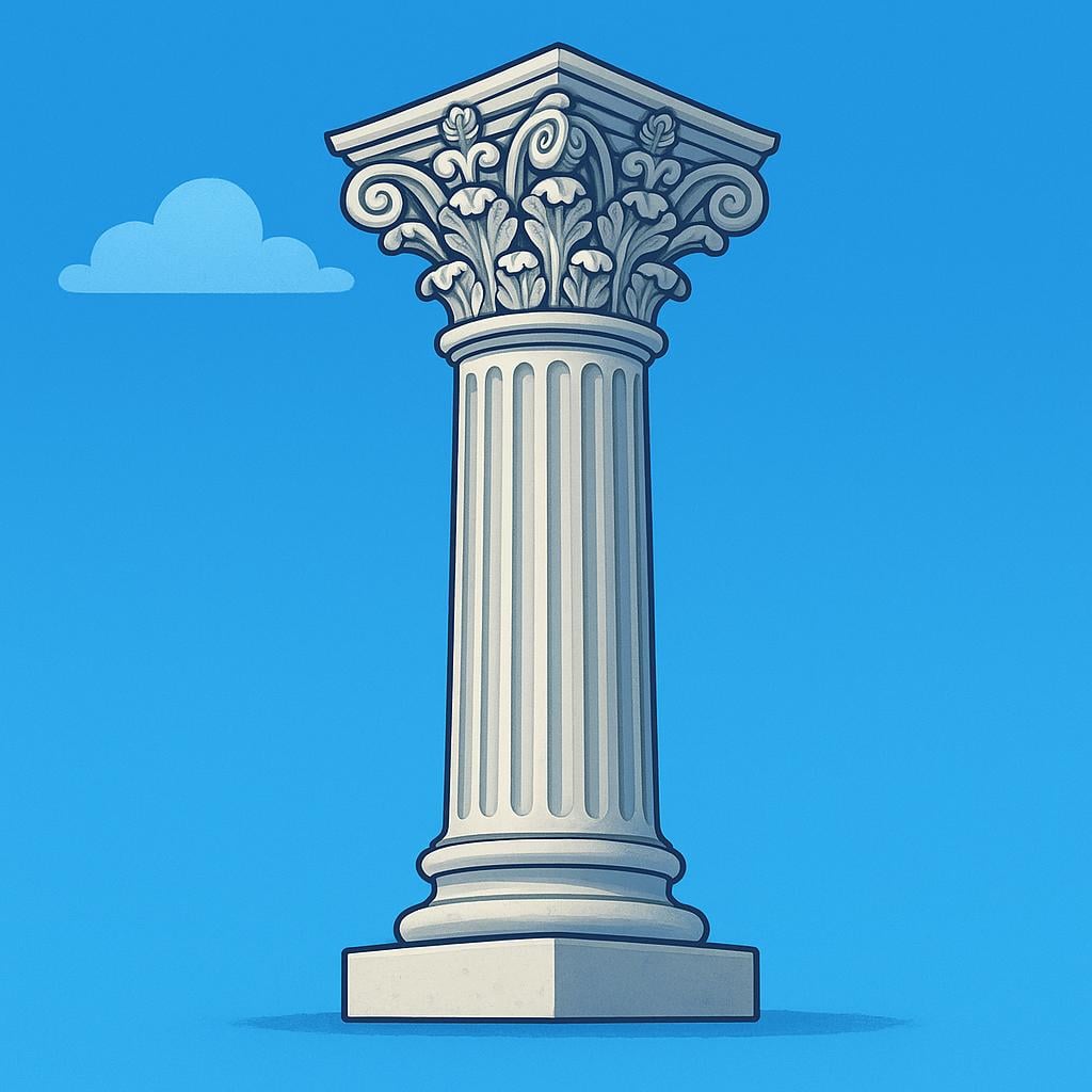 A tall, white Corinthian column with an ornate capital, representing classical Roman architecture.