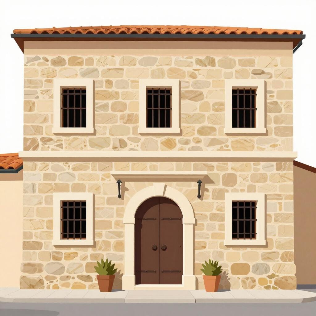 A stone building with small barred windows and a large metal gate.