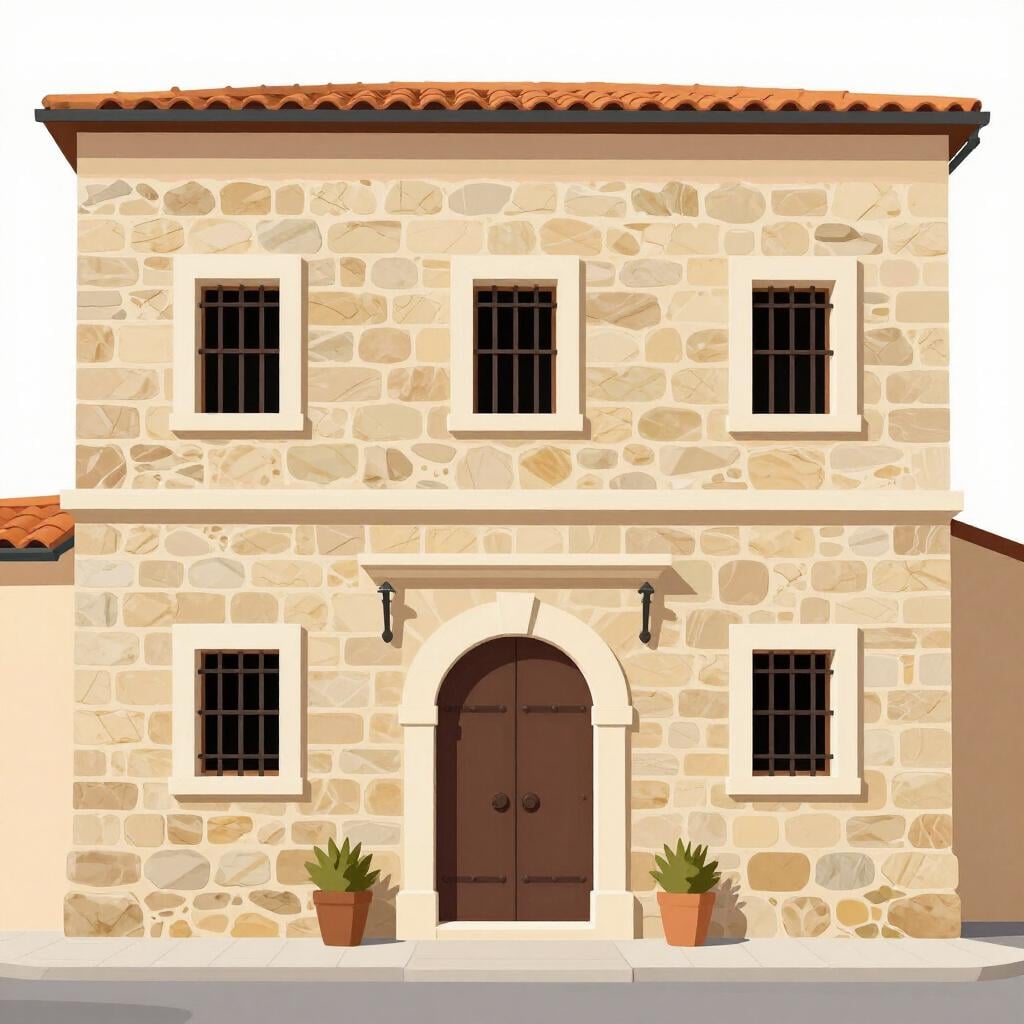 A stone building with small barred windows and a large metal gate.