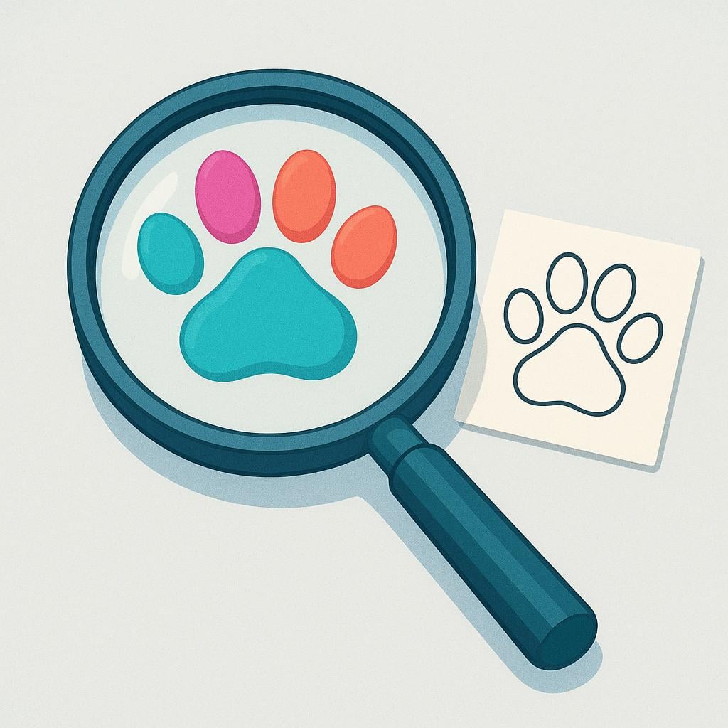 A large magnifying glass is focused intently on a unique, brightly colored paw print, comparing it to a reference chart nearby to determine identity.