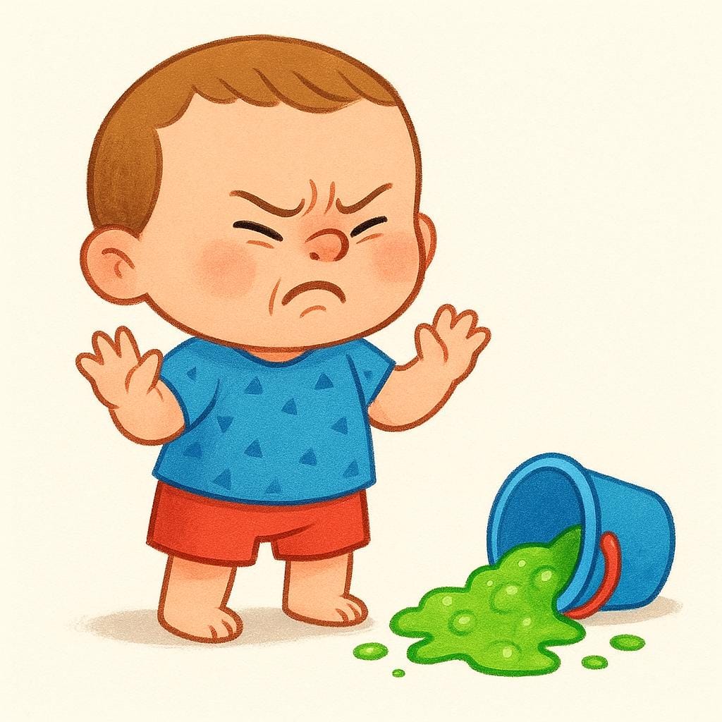 A cartoon child with a wrinkled nose and wide eyes showing extreme disgust while looking down at a puddle of bright green, lumpy slime on a wooden floor.
