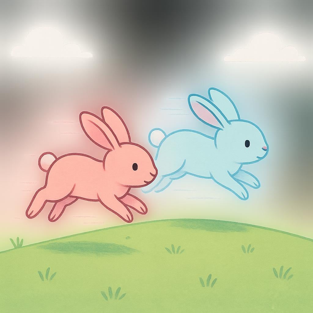 A simple storybook illustration showing two colorful rabbits on a green hill who are actively fading away into transparent outlines, illustrating the concept of vanishing.