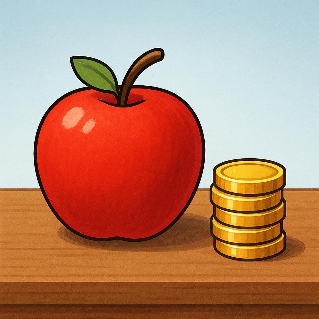 A simple illustration showing a bright red apple resting on a wooden surface next to a short, neat stack of gold coins, symbolizing the cost or price of the item.