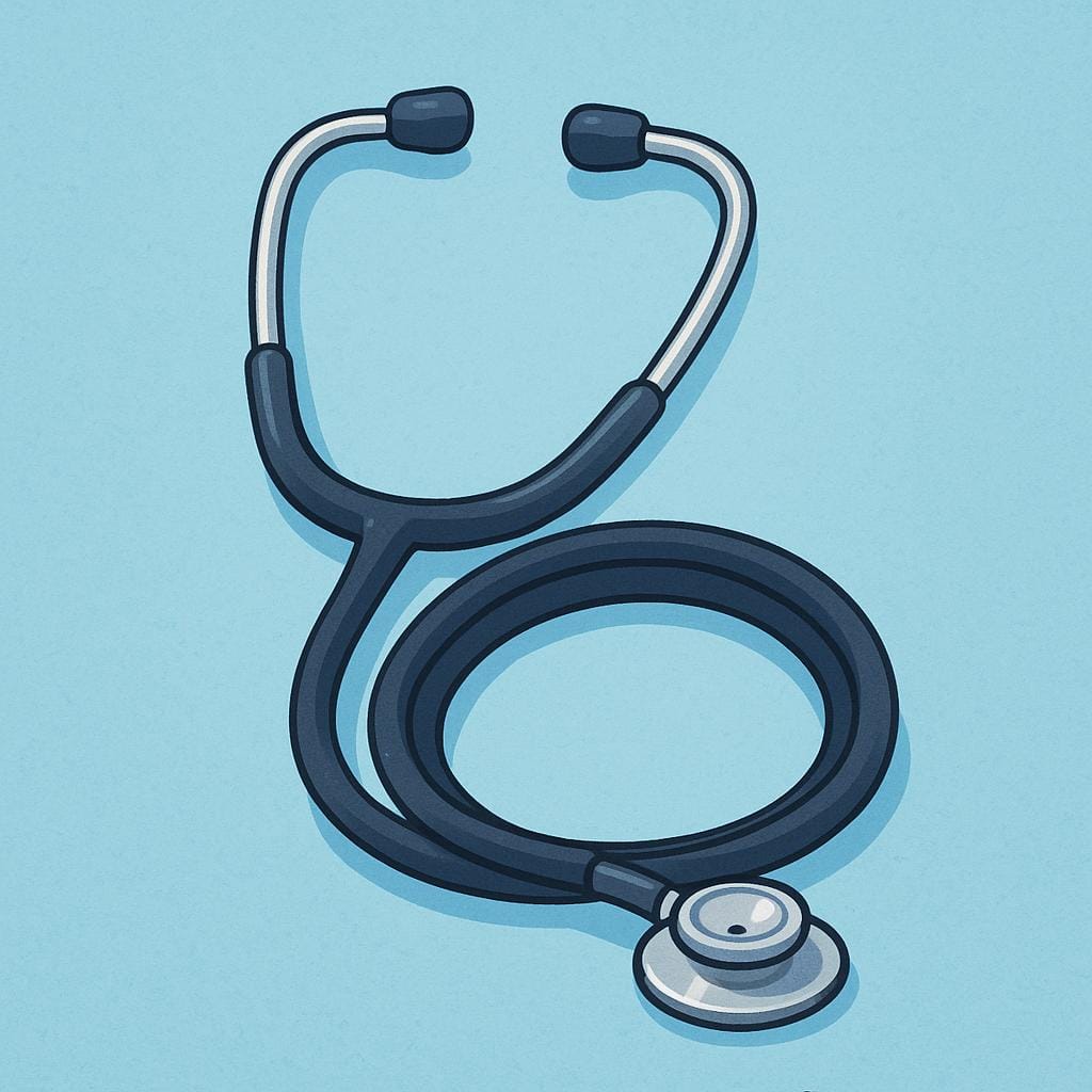 A silver and black stethoscope coiled neatly on a smooth light blue background.