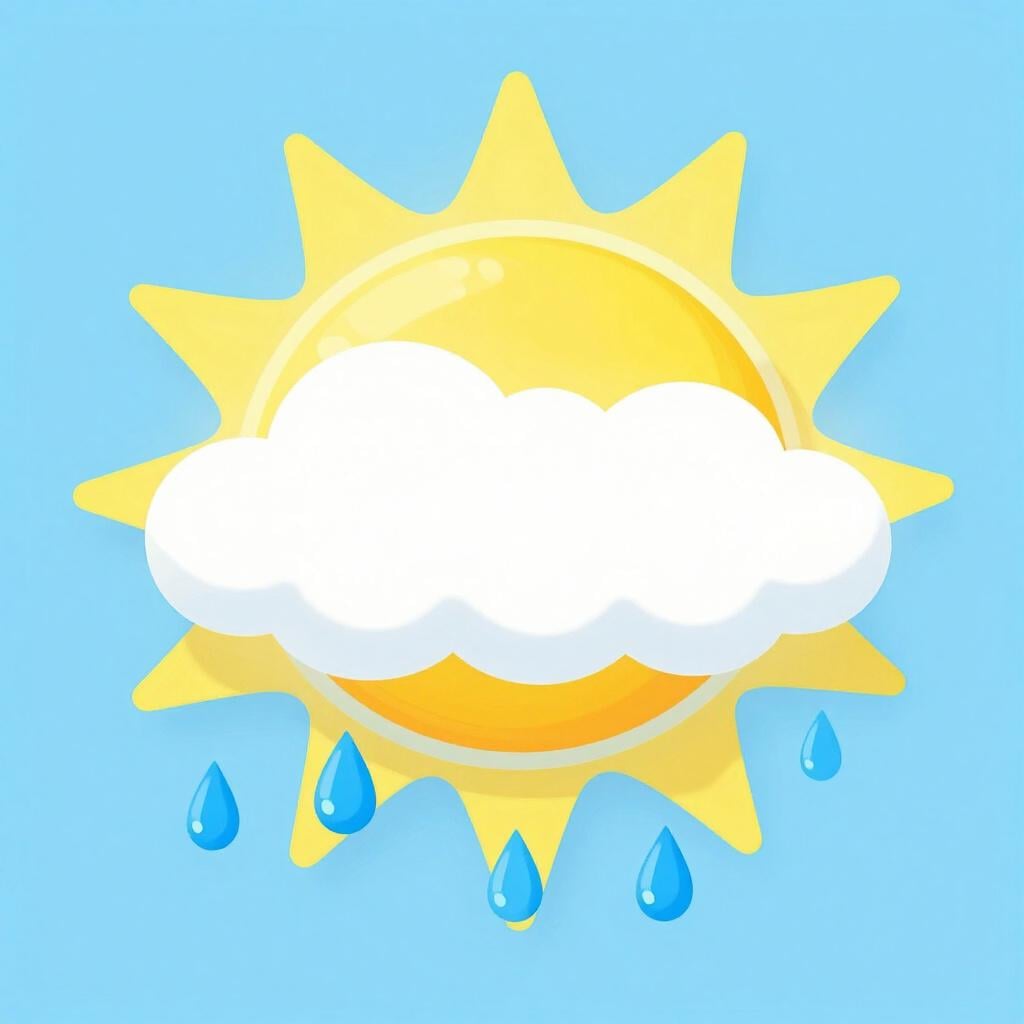 Eine helle Sonne scheint neben einer flauschigen weißen Wolke und einigen blauen Regentropfen.