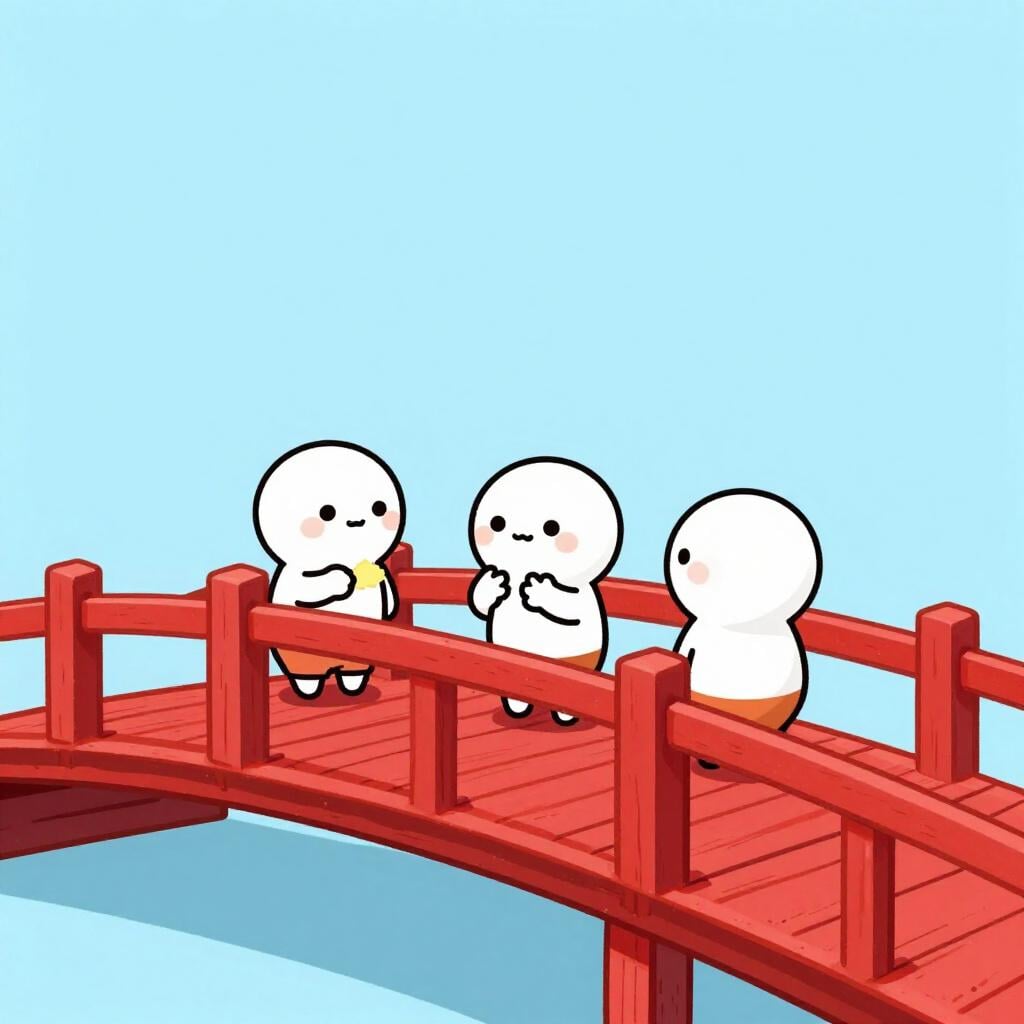Une illustration de livre d'histoires de haute qualité montrant trois petites figures de dessin animé se tenant fièrement à côté d'un pont en bois rouge vif fraîchement construit, symbolisant une tâche collaborative terminée.